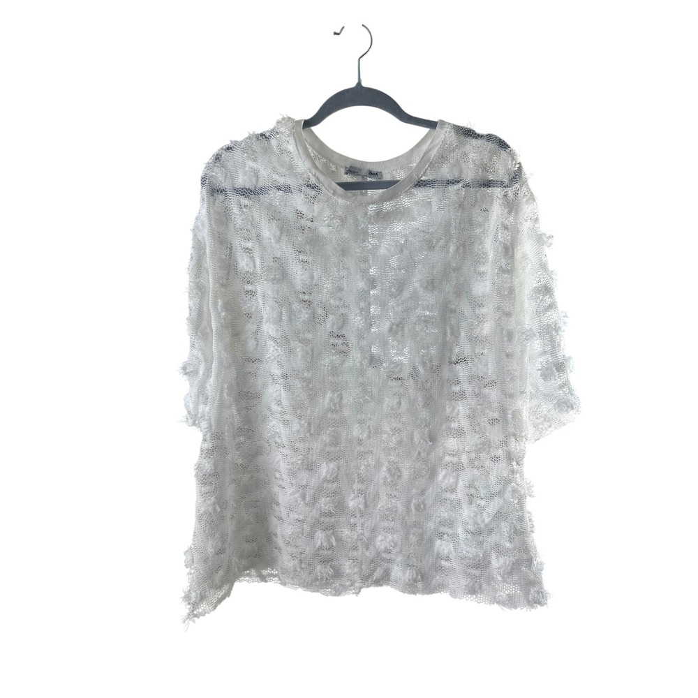 Zara White Textured Open Knit Shaggy Fringe Mesh Top Oversized Large Indie, Boho
